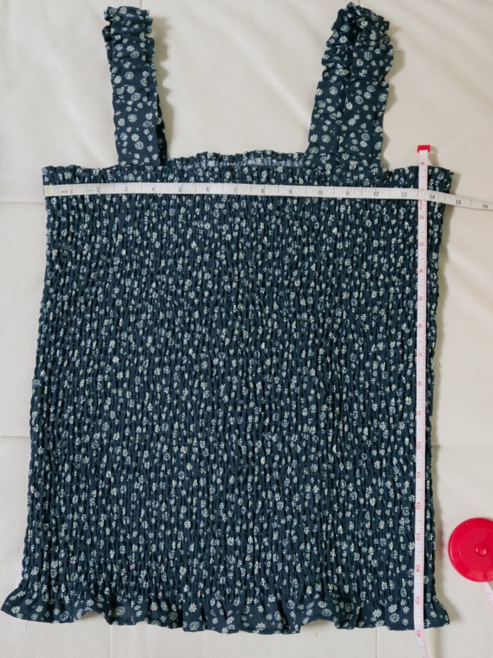 Teal Daisy Print Ruffle Sleeveless Tank Top, Smocked Stretchy Summer Cottagecore - Picture 5 of 7